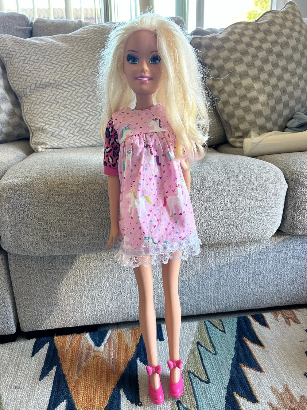 Barbie Blonde Doll in Pink Unicorn Dress with Hot Pink Shoes